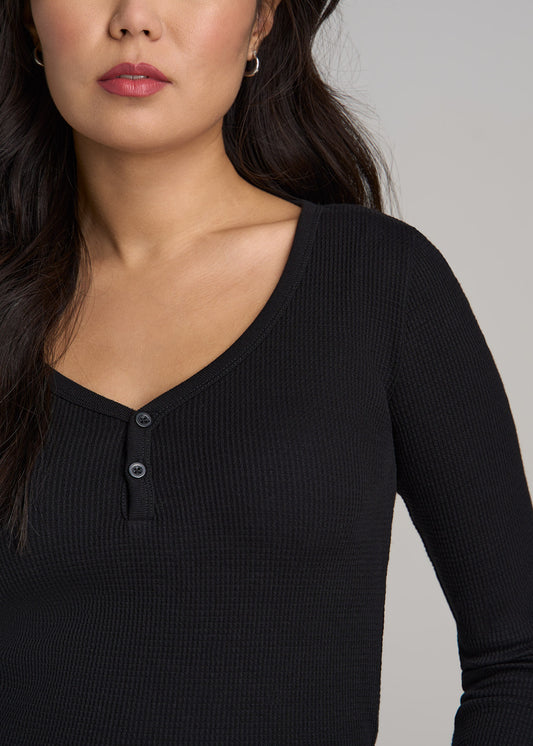 Women's Tall FITTED Long Sleeve Waffle Two Button Henley in Black