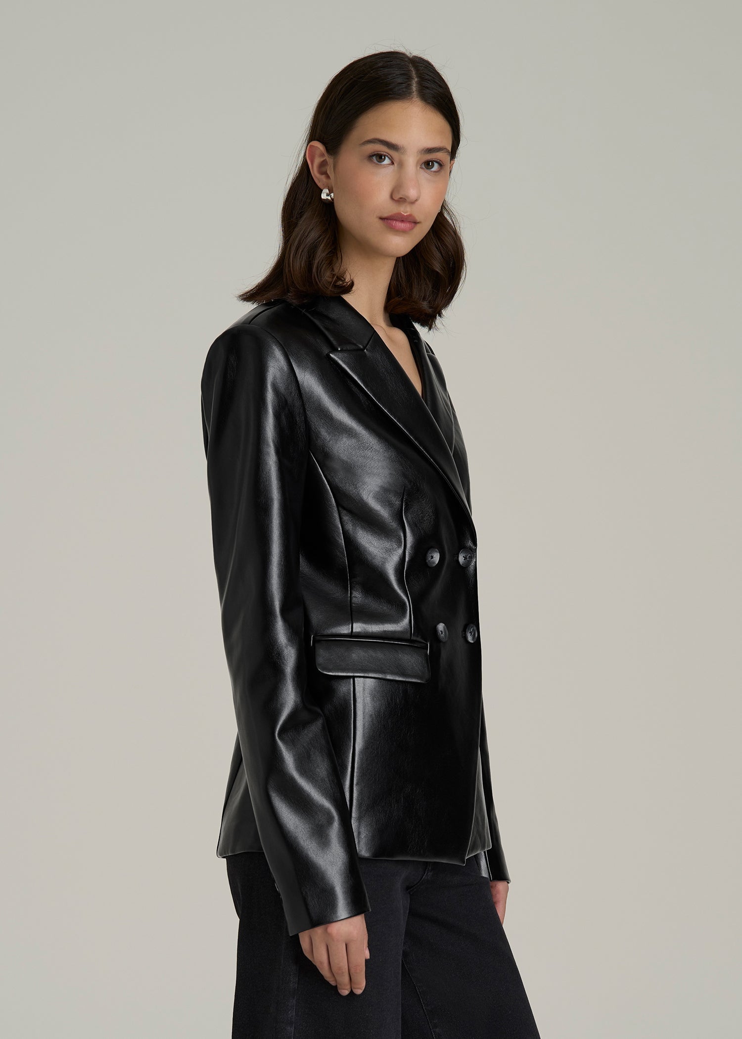 True Touch Leather Double Breasted Blazer for Tall Women in Black