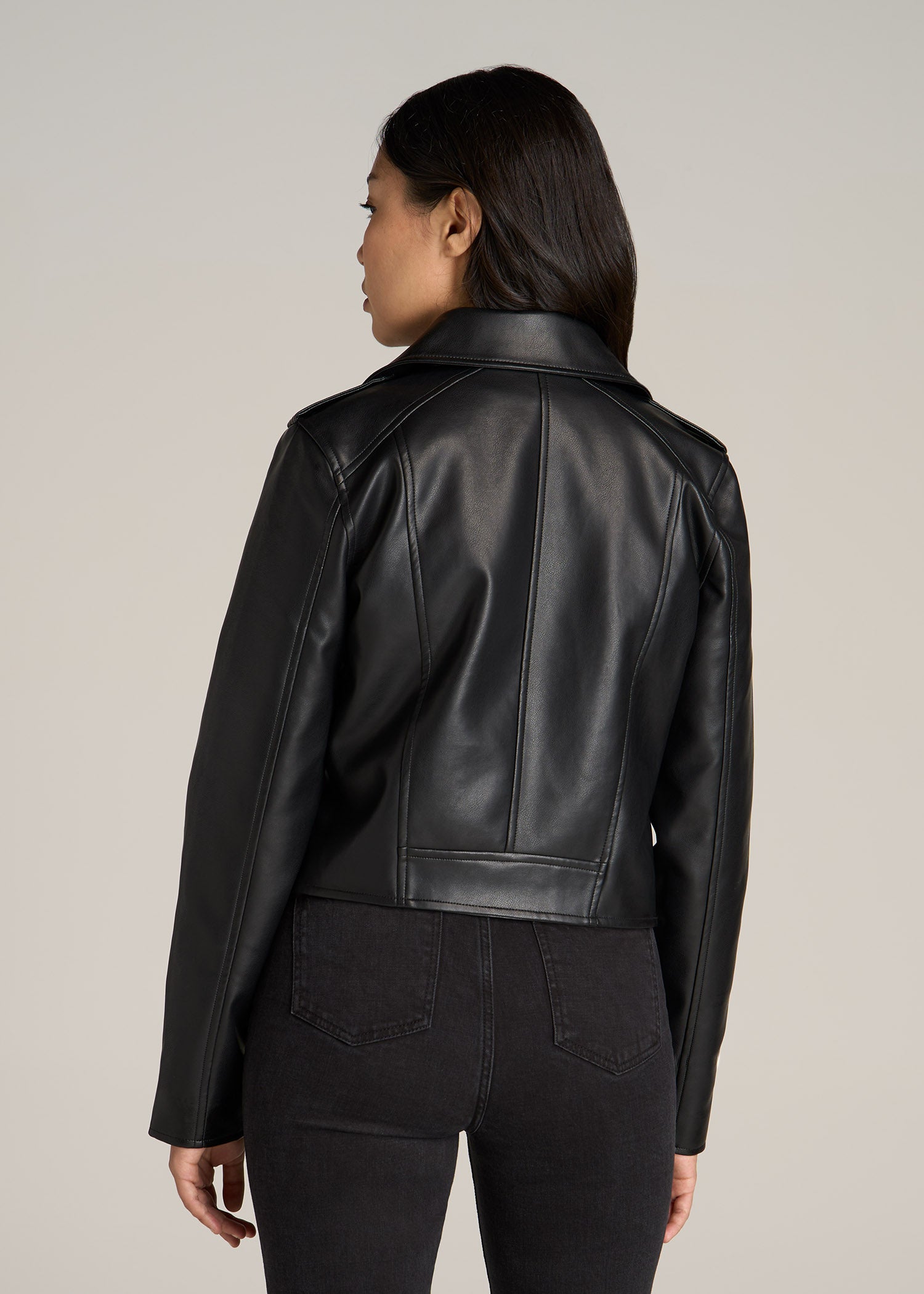 Cropped True Touch Leather Moto Jacket for Tall Women in Black