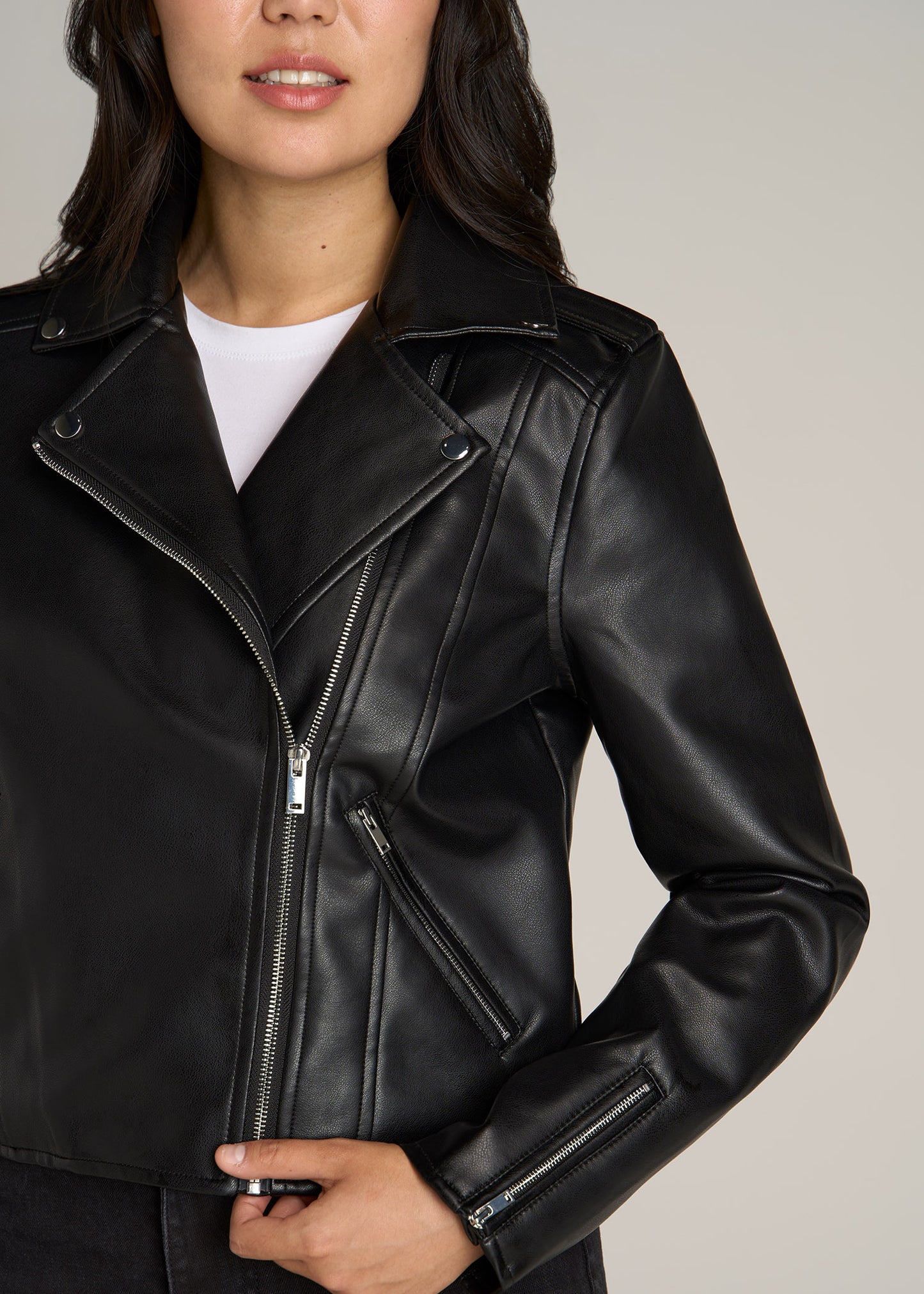 Tall Womens Black Leather Jacket with Removable Hood