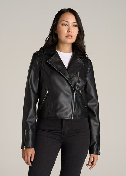 Cropped True Touch Leather Moto Jacket for Tall Women in Black