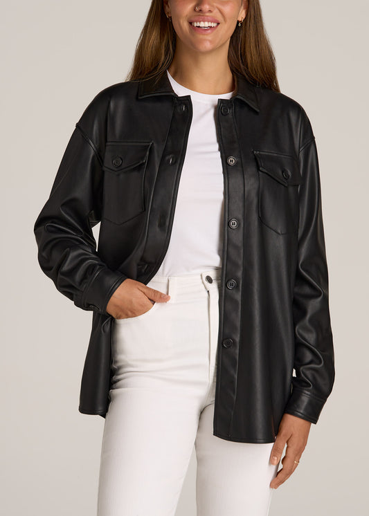 Faux Leather Shirt Jacket for Tall Women in Black