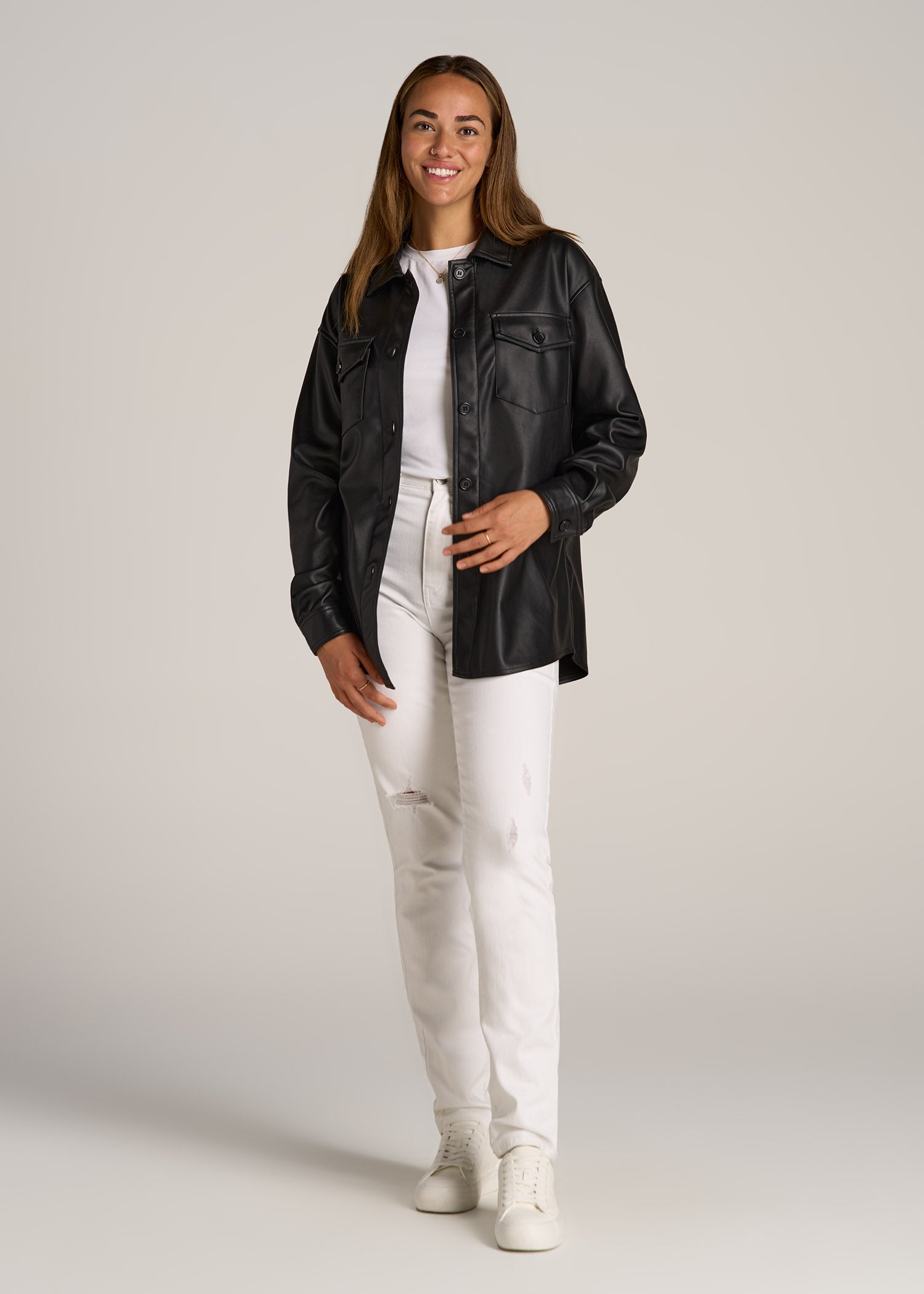 True Touch Leather Shirt Jacket for Tall Women in Black
