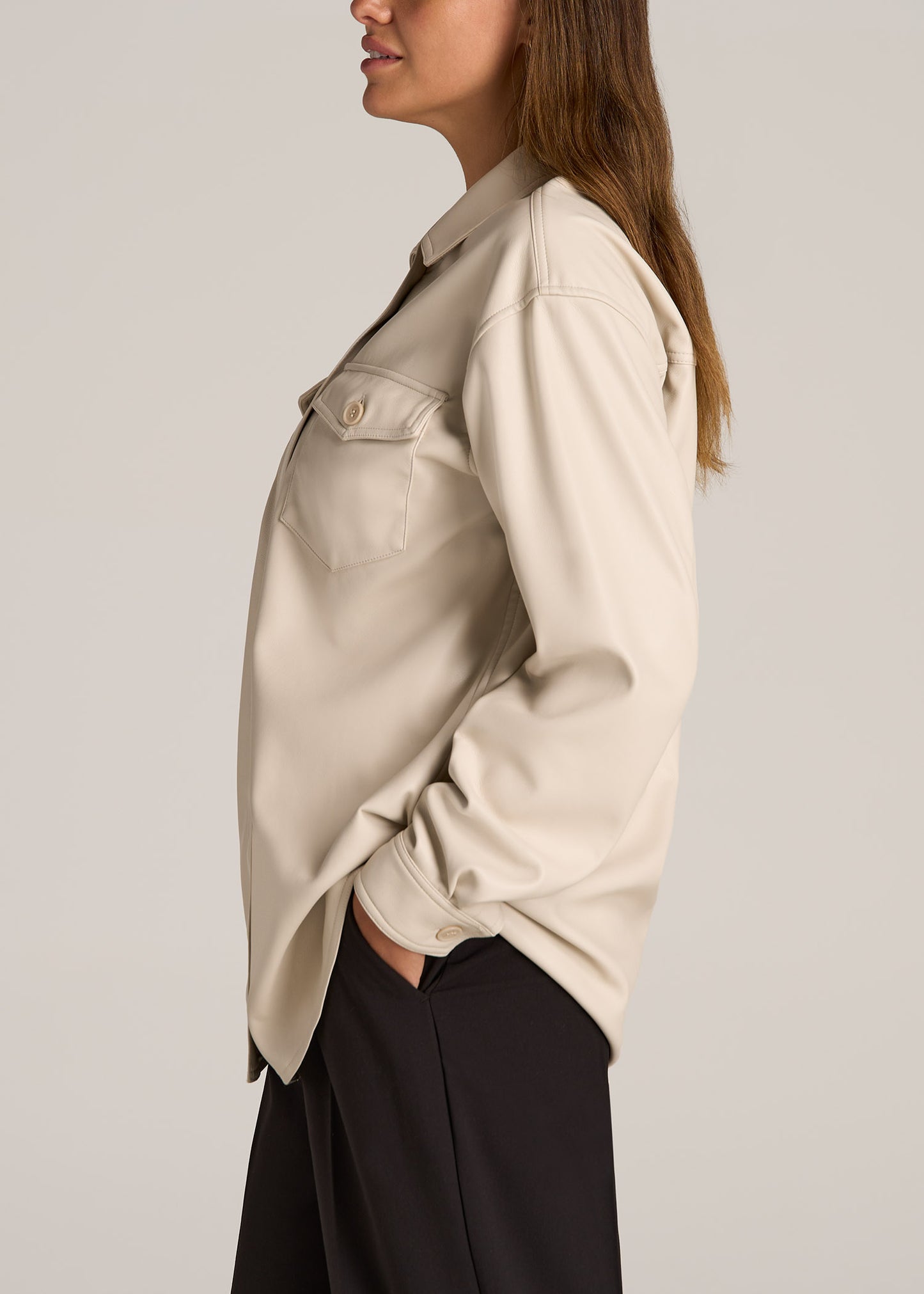 Faux Leather Shirt Jacket for Tall Women in Vanilla Latte