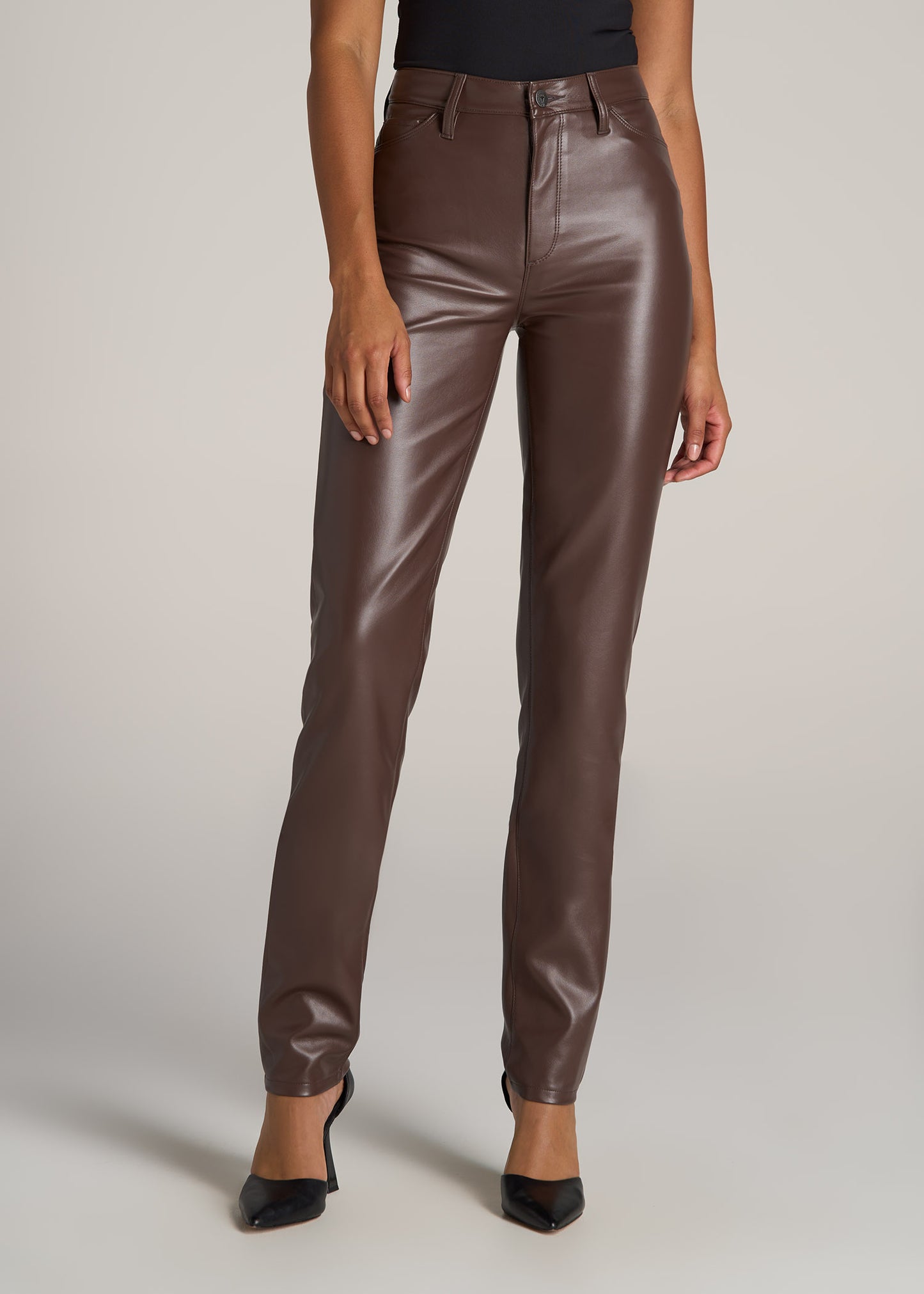 American-Tall-Women-Faux-Leather-Slim-Pants-Chocolate-front