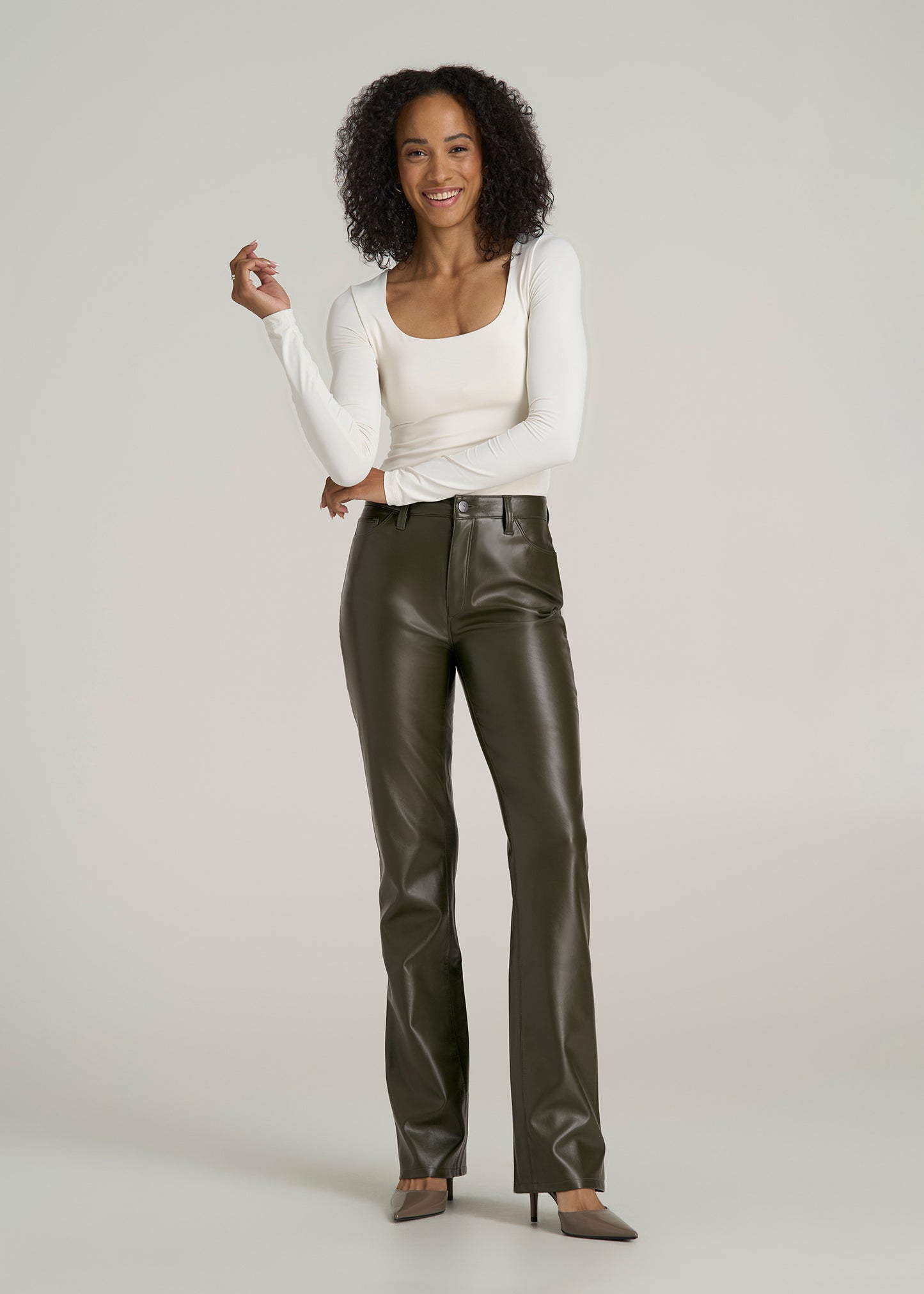 Faux Leather Straight Leg Pants for Tall Women in Forest Night