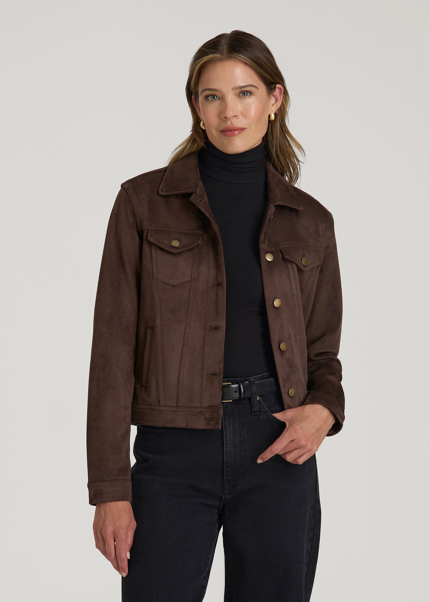 True Touch Suede Trucker Jacket for Tall Women in Espresso