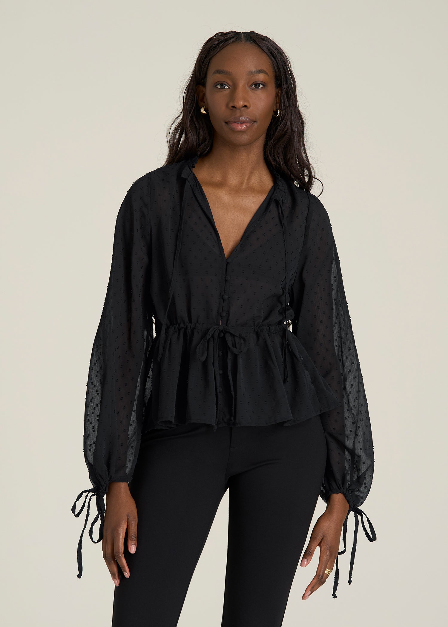 Peasant Chiffon Blouse for Tall Women in Black
