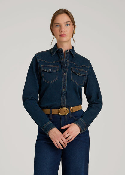 washed indigo denim long sleeve belt detail fitted mini dress Western Denim Shirt for Tall Women in Indigo Dusk XL / Tall / Indigo Dusk