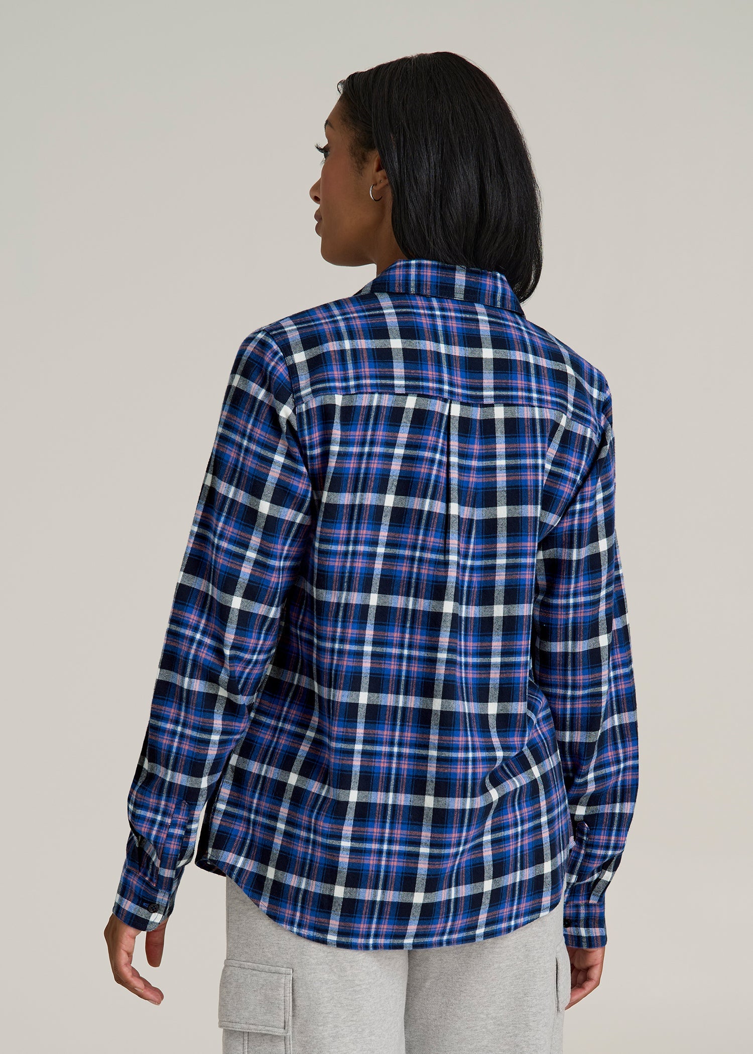 Flannel Button-Up Shirt for Tall Women in Cobalt, Navy, and Peach Plaid