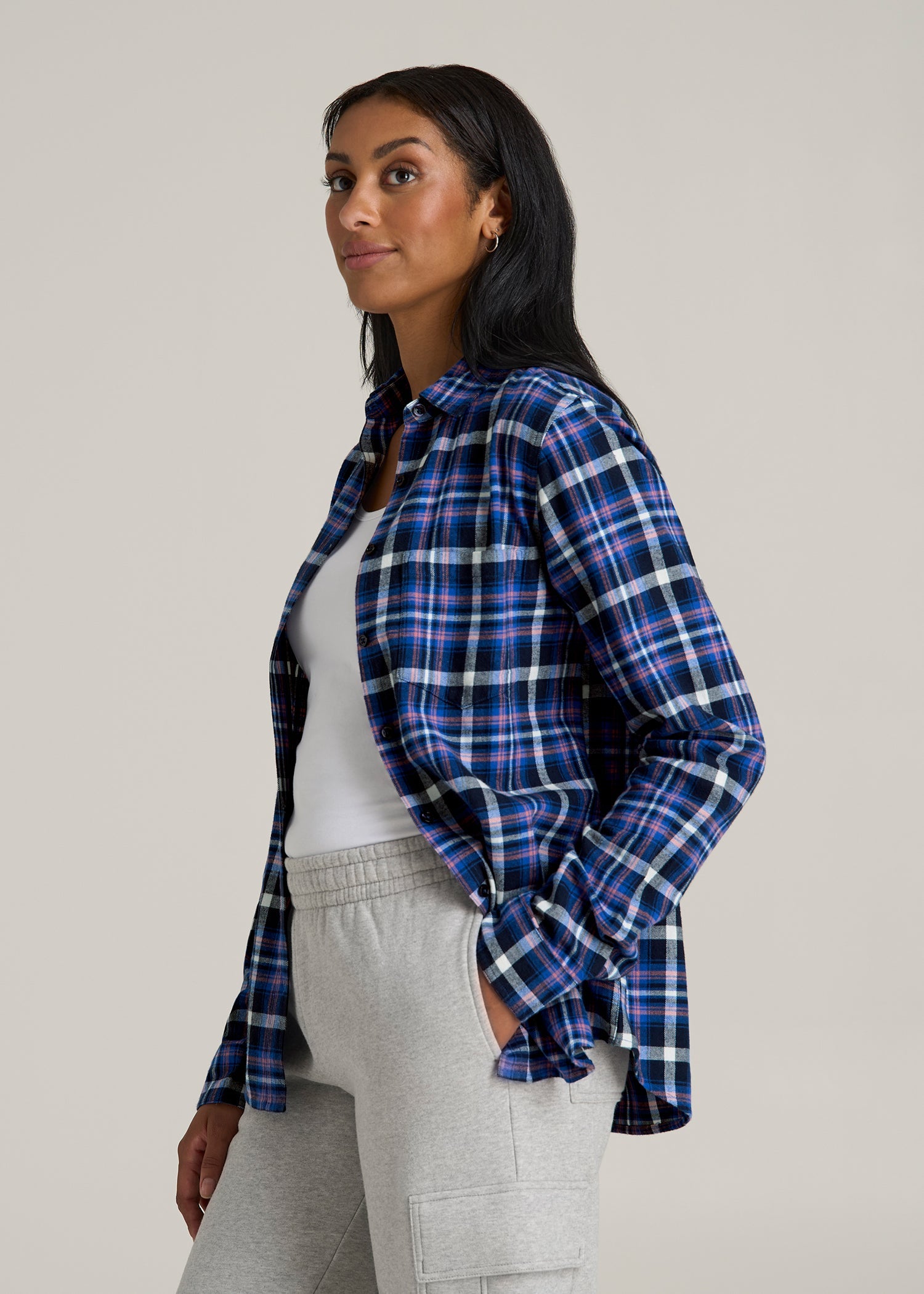 Flannel Button-Up Shirt for Tall Women in Cobalt, Navy, and Peach Plaid