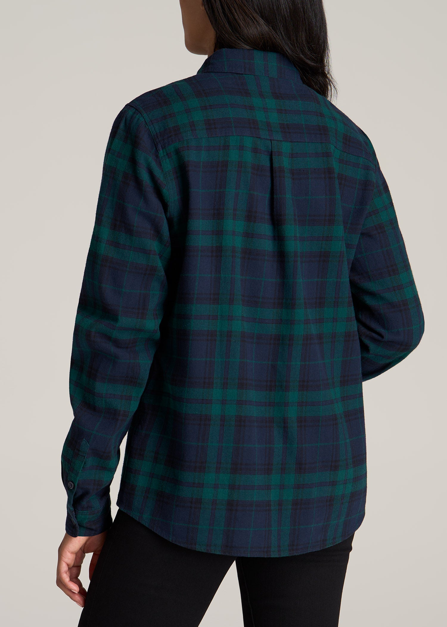 Flannel Button-Up Shirt for Tall Women in Emerald and Navy