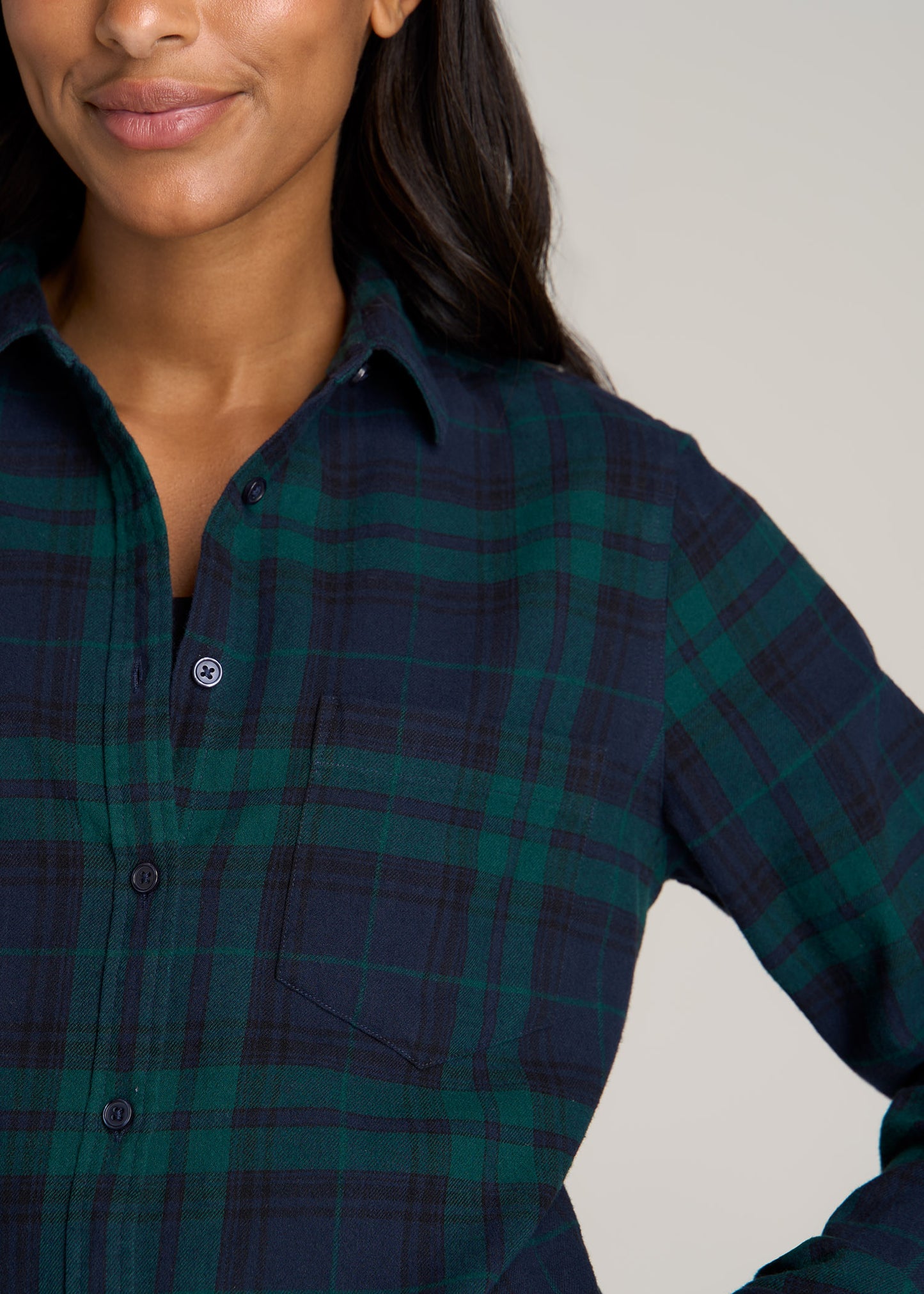 American-Tall-Women-Flannel-Button-up-Shirt-Emerald-Navy-detail
