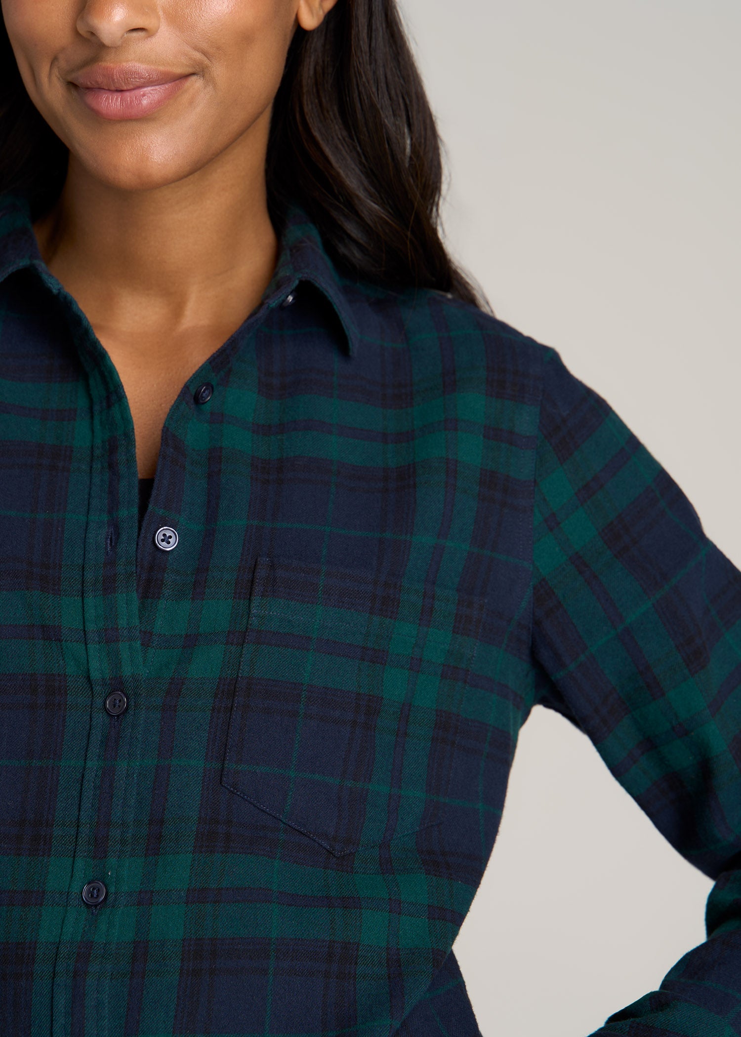 Flannel Button-Up Shirt for Tall Women in Mauve and Blue Plaid