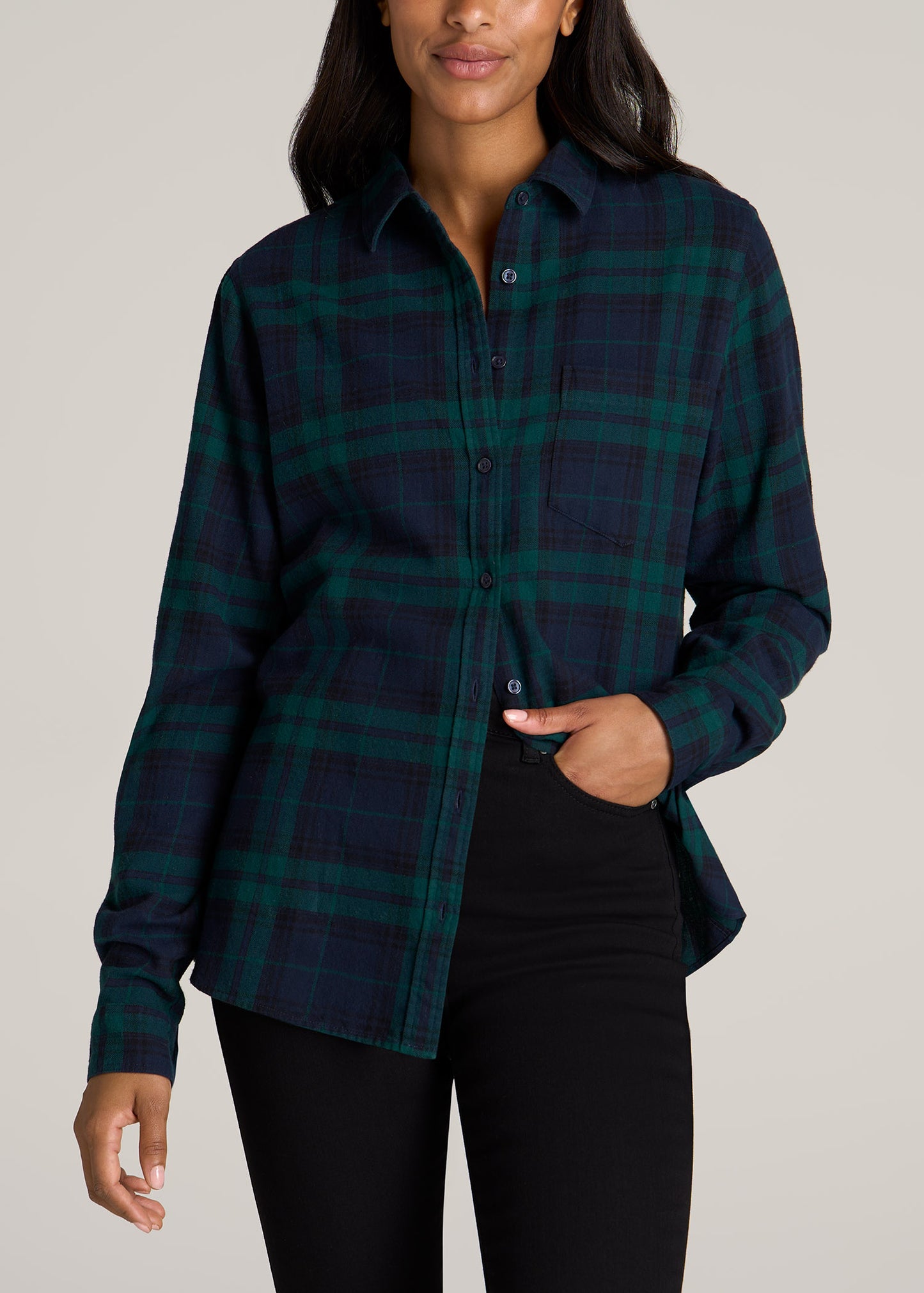 https://americantall.com/cdn/shop/files/American-Tall-Women-Flannel-Button-up-Shirt-Emerald-Navy-front_1445x.jpg?v=1686325932