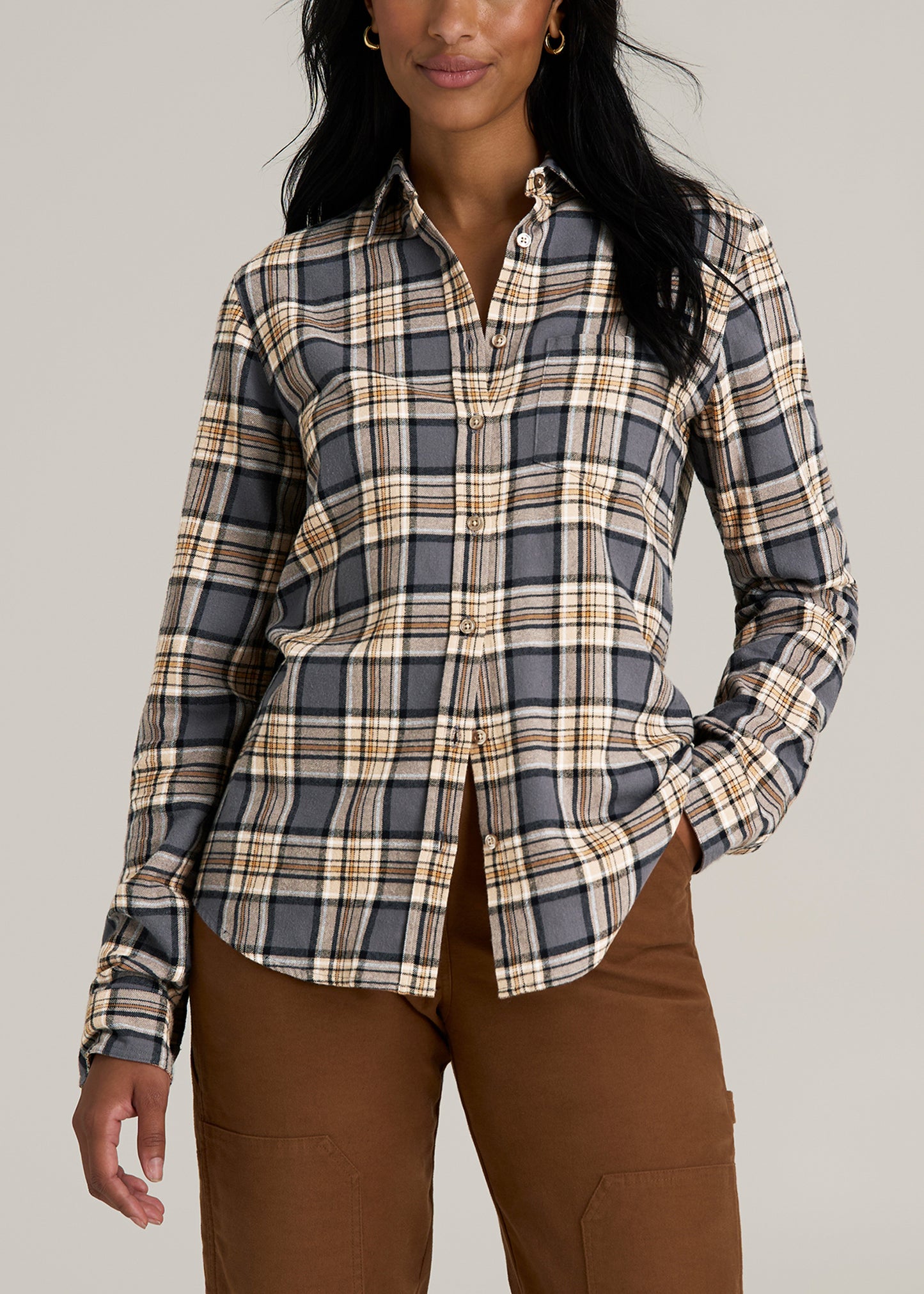 Flannel Button-Up Shirt for Tall Women in Grey and Camel Plaid