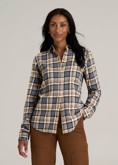 Flannel Button-Up Shirt for Tall Women in Grey and Camel Plaid