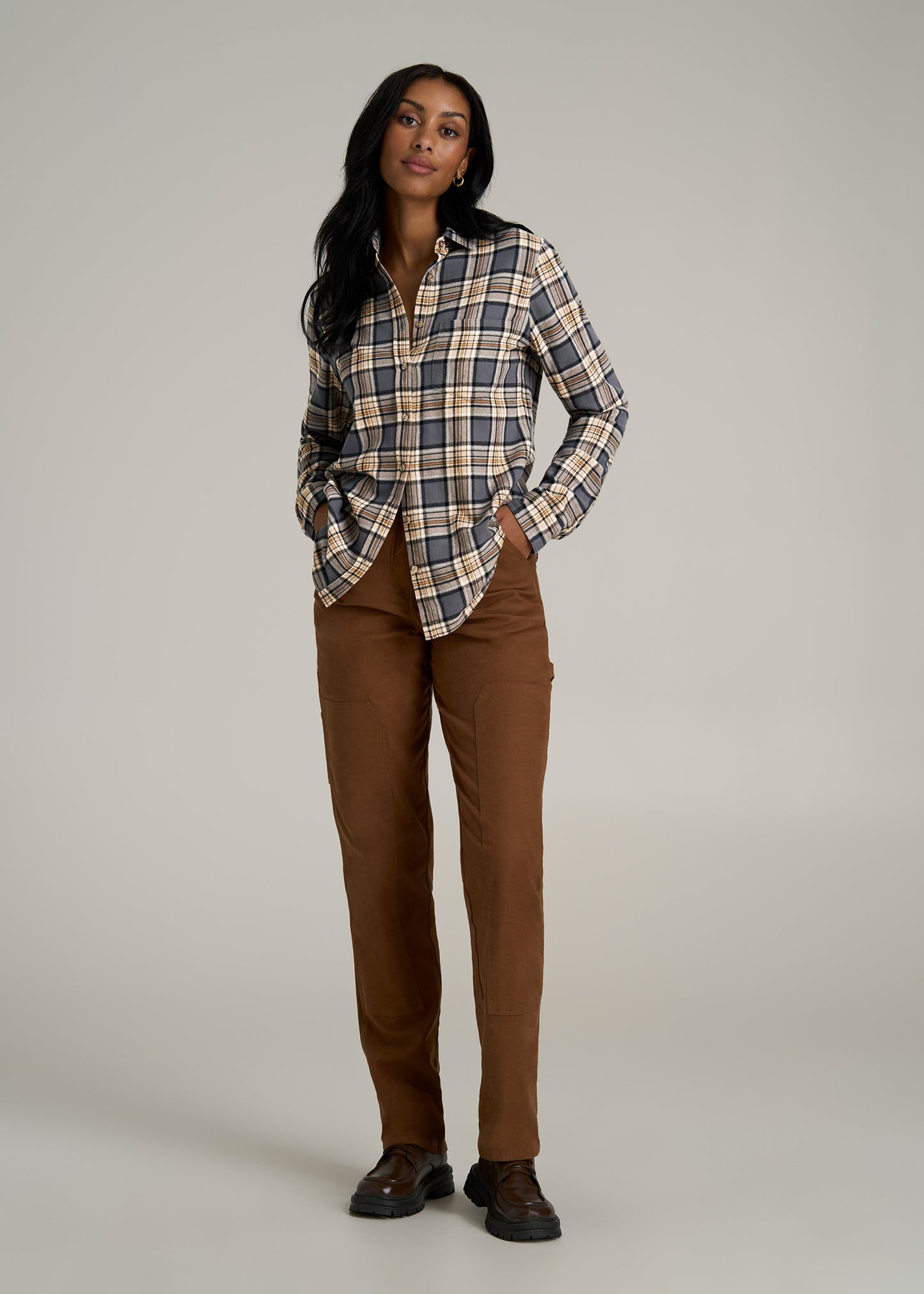 Flannel Button-Up Shirt for Tall Women in Grey and Camel Plaid