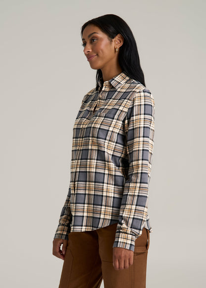 Flannel Button-Up Shirt for Tall Women in Grey and Camel Plaid