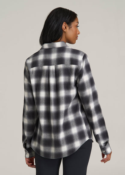 Flannel Button-Up Shirt for Tall Women in Grey and White Plaid