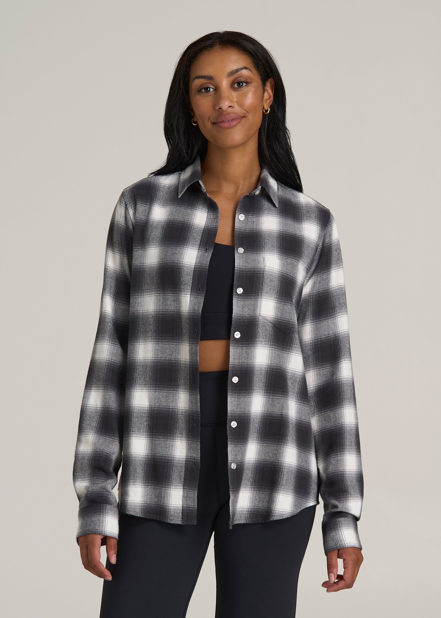 Flannel Button-Up Shirt for Tall Women in Grey and White Plaid