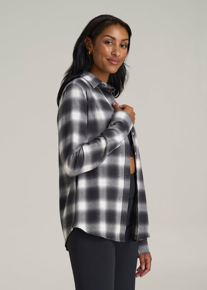 Flannel Button-Up Shirt for Tall Women in Grey and White Plaid