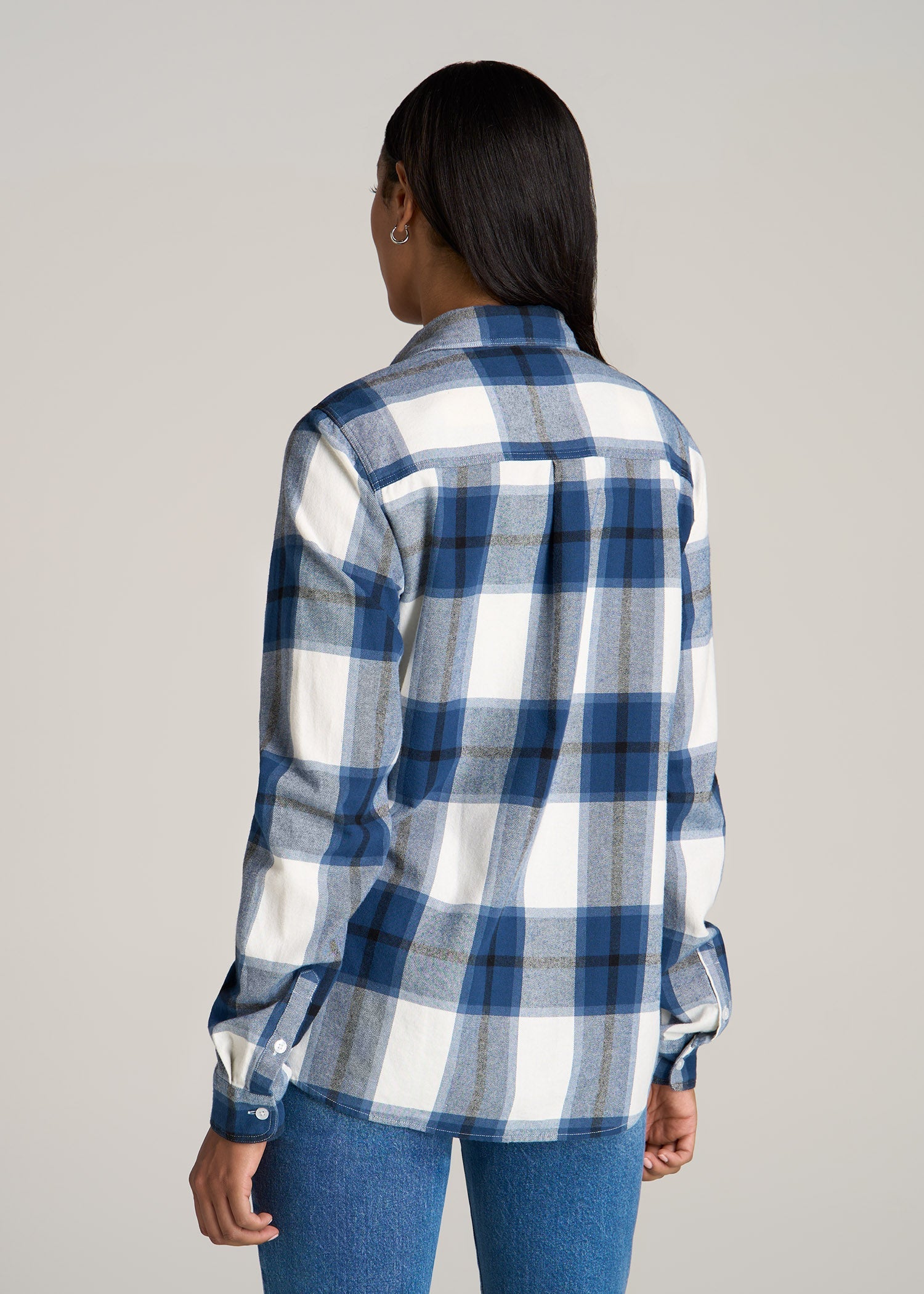 Flannel Button-Up Shirt for Tall Women in Ocean Blue and White