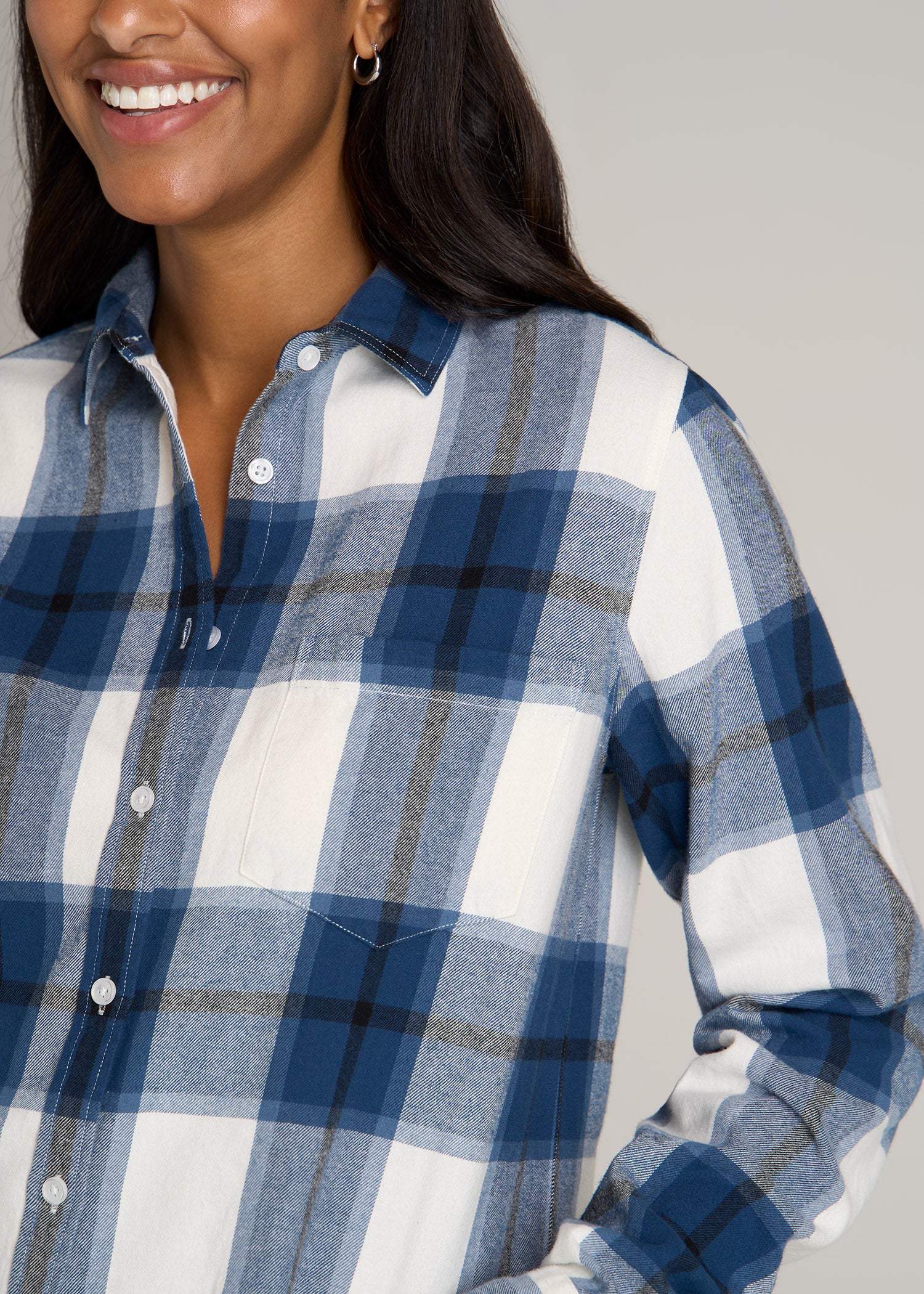 Flannel Button-Up Shirt for Tall Women in Ocean Blue and White
