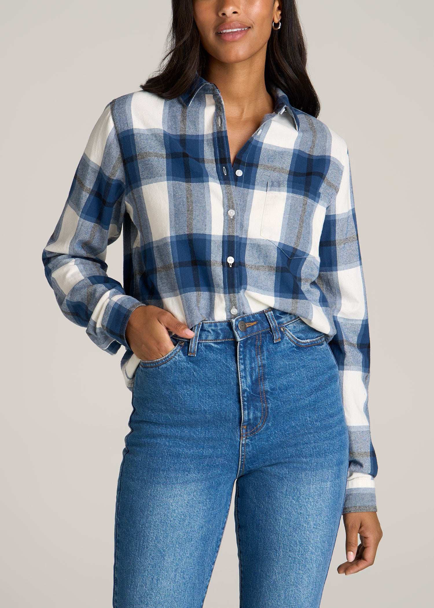 American-Tall-Women-Flannel-Button-up-Shirt-Oean-Blue-Navy-front