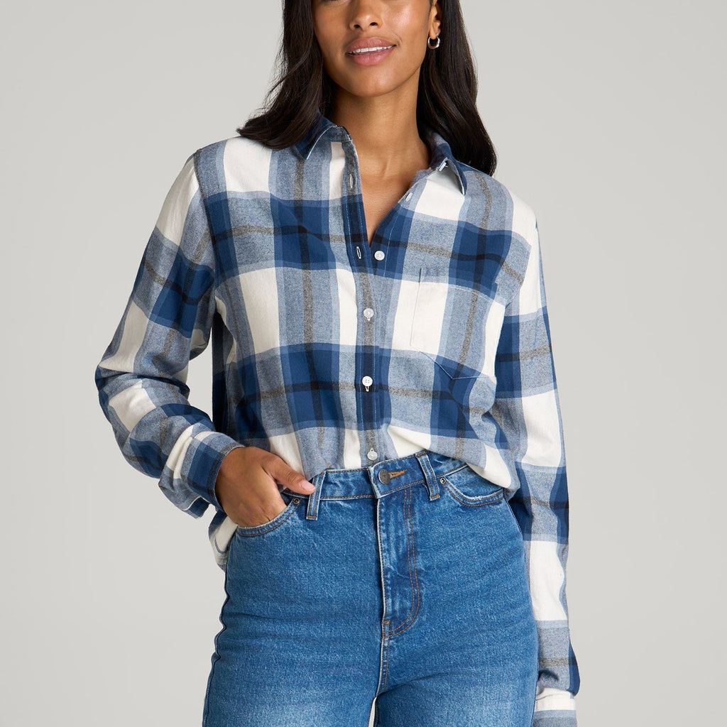 Flannel Button-Up Shirt for Tall Women in Ocean Blue and White