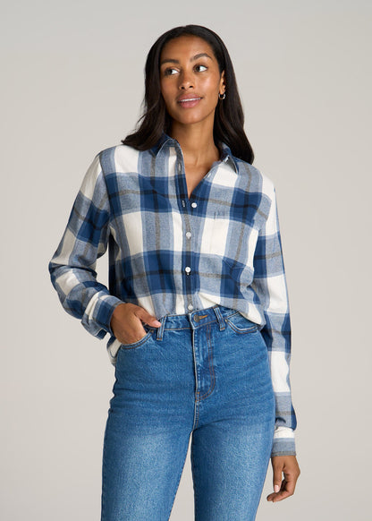 Flannel Button-Up Shirt for Tall Women in Ocean Blue and White