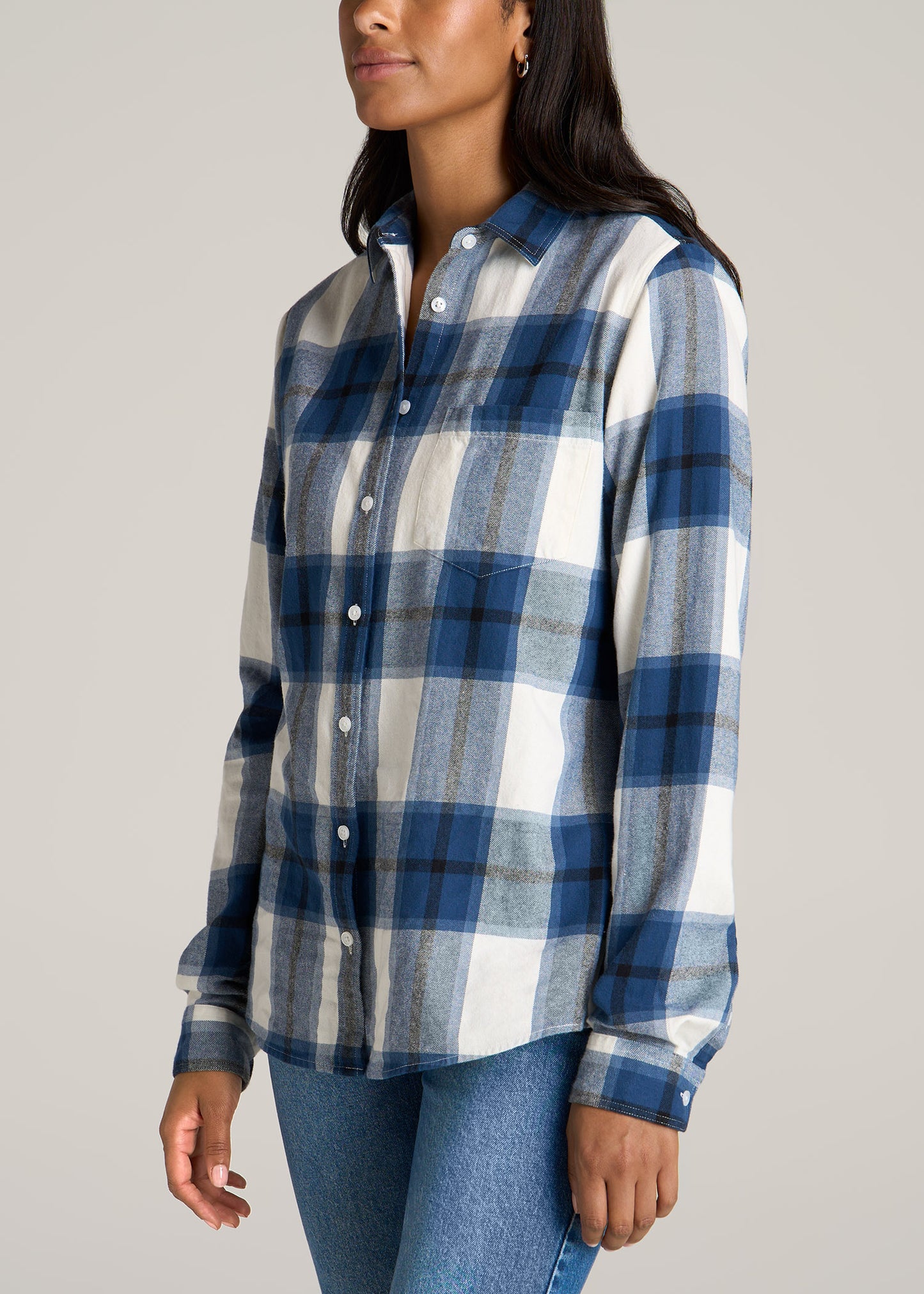 American-Tall-Women-Flannel-Button-up-Shirt-Oean-Blue-Navy-side