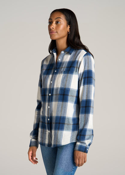 Flannel Button-Up Shirt for Tall Women in Ocean Blue and White