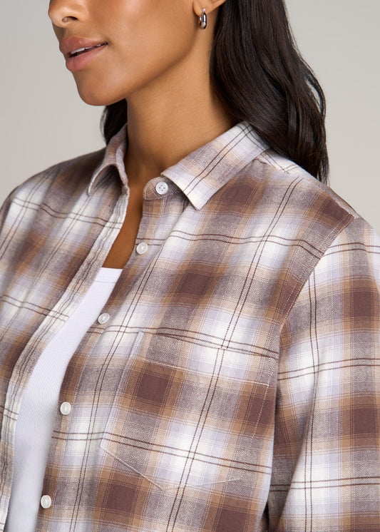 American-Tall-Women-Flannel-Button-up-Shirt-Taupe-Grey-detail