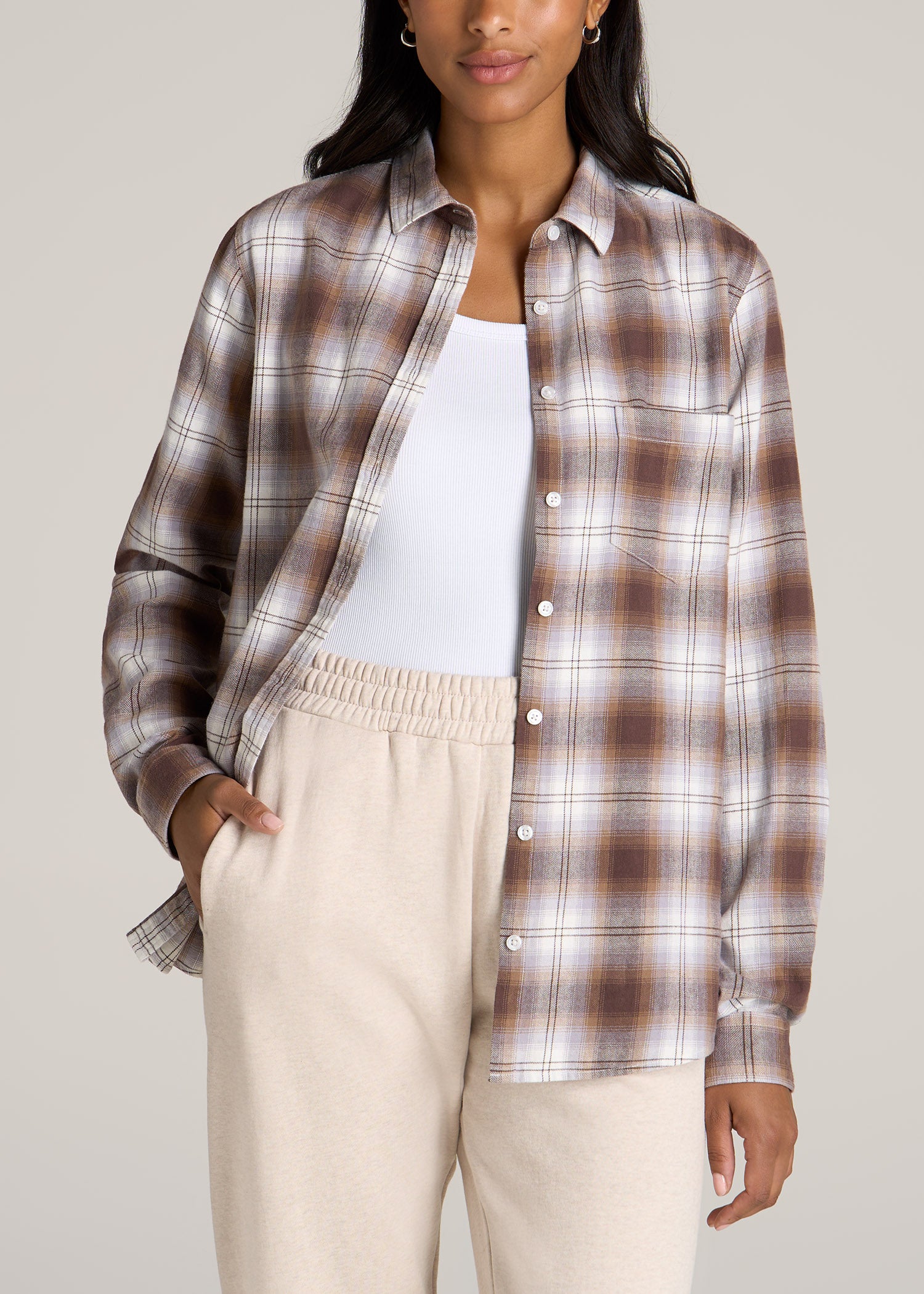 American-Tall-Women-Flannel-Button-up-Shirt-Taupe-Grey-front