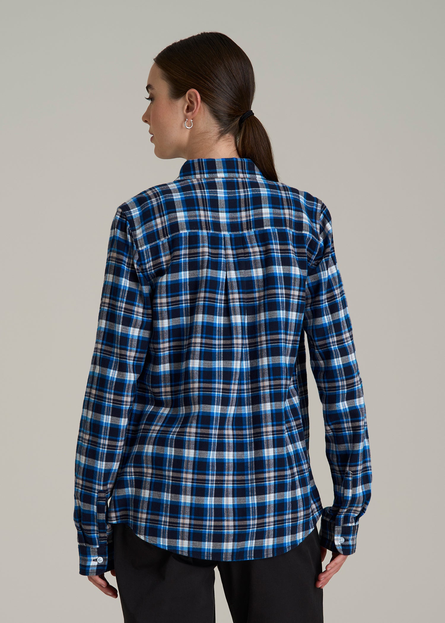 Flannel Button-Up Shirt for Tall Women in True Navy with Cobalt
