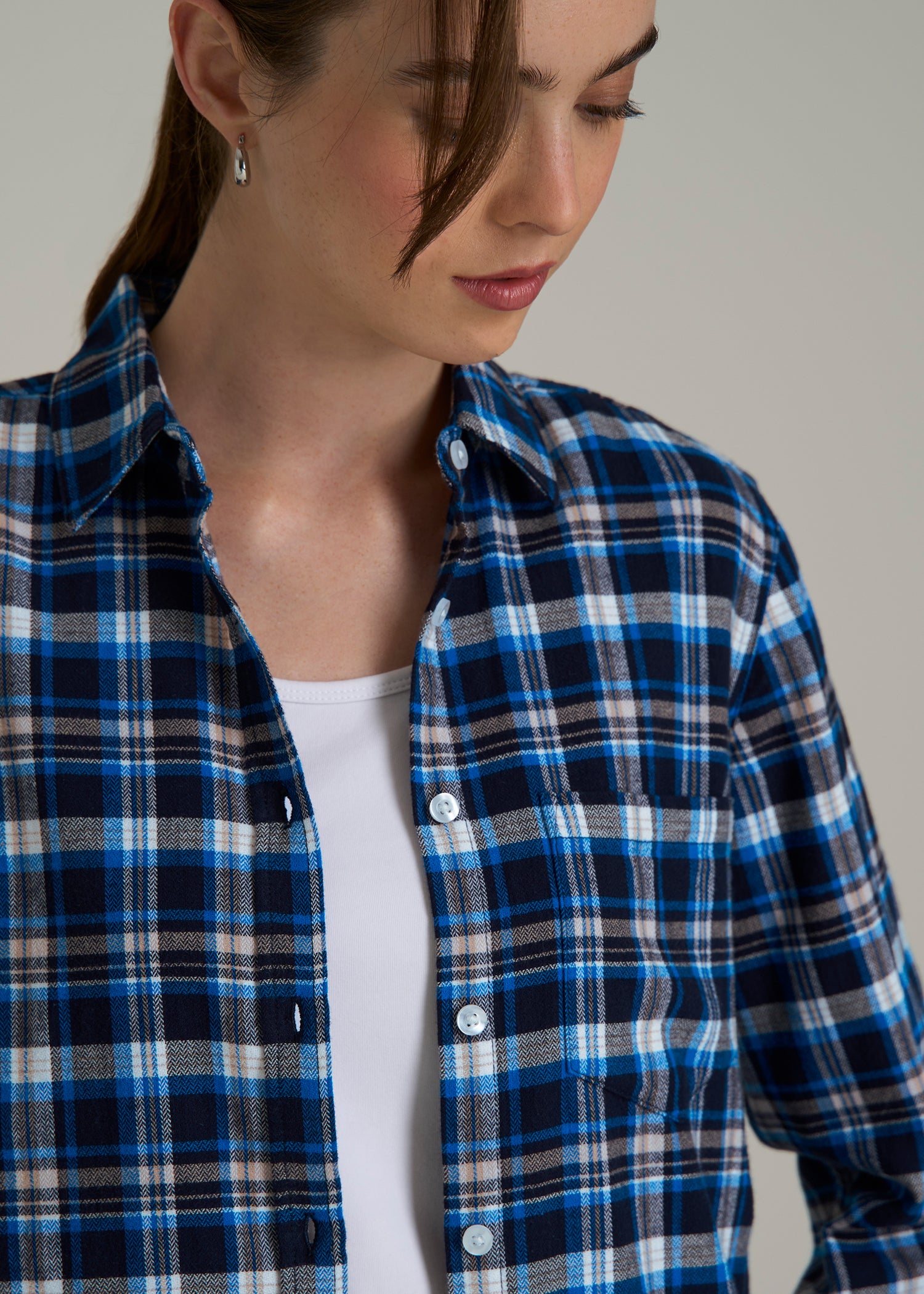 Flannel Button-Up Shirt for Tall Women in True Navy with Cobalt