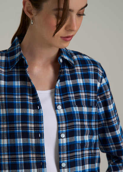 Flannel Button-Up Shirt for Tall Women in True Navy with Cobalt