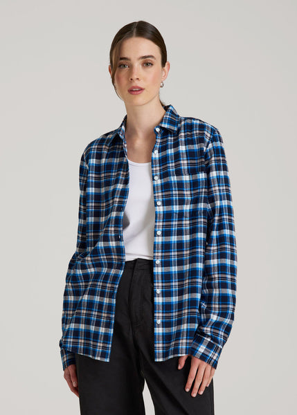 Flannel Button-Up Shirt for Tall Women in True Navy with Cobalt XL / Extra Tall / True Navy with Cobalt