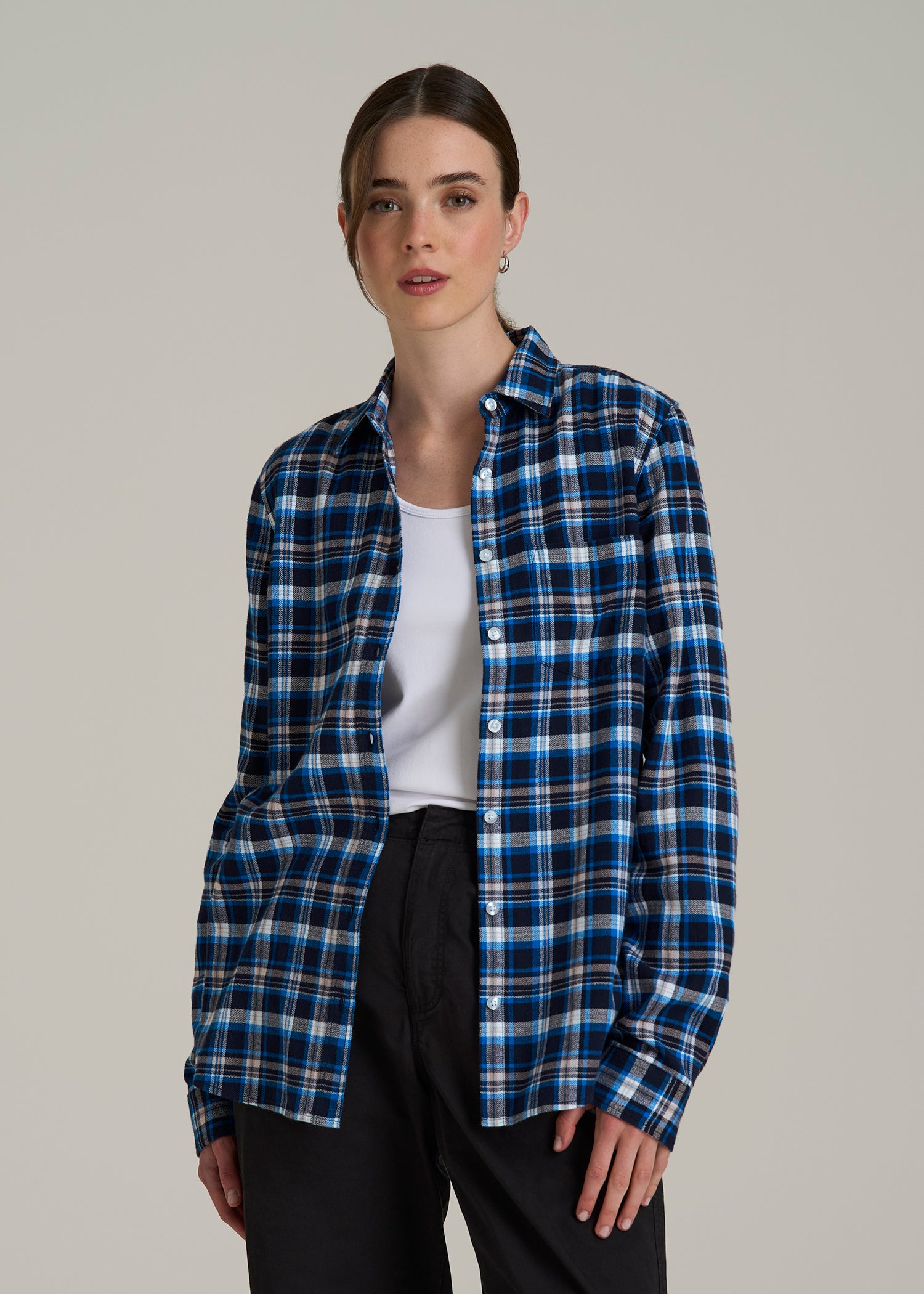 Flannel Button-Up Shirt for Tall Women in True Navy with Cobalt