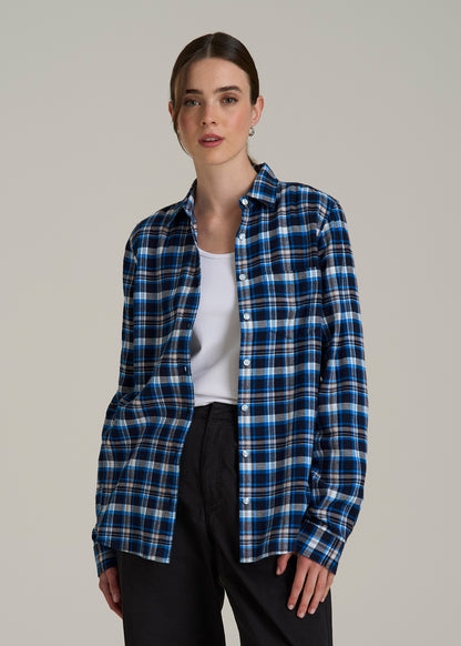 Flannel Button-Up Shirt for Tall Women in True Navy with Cobalt