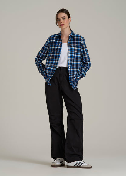 Flannel Button-Up Shirt for Tall Women in True Navy with Cobalt