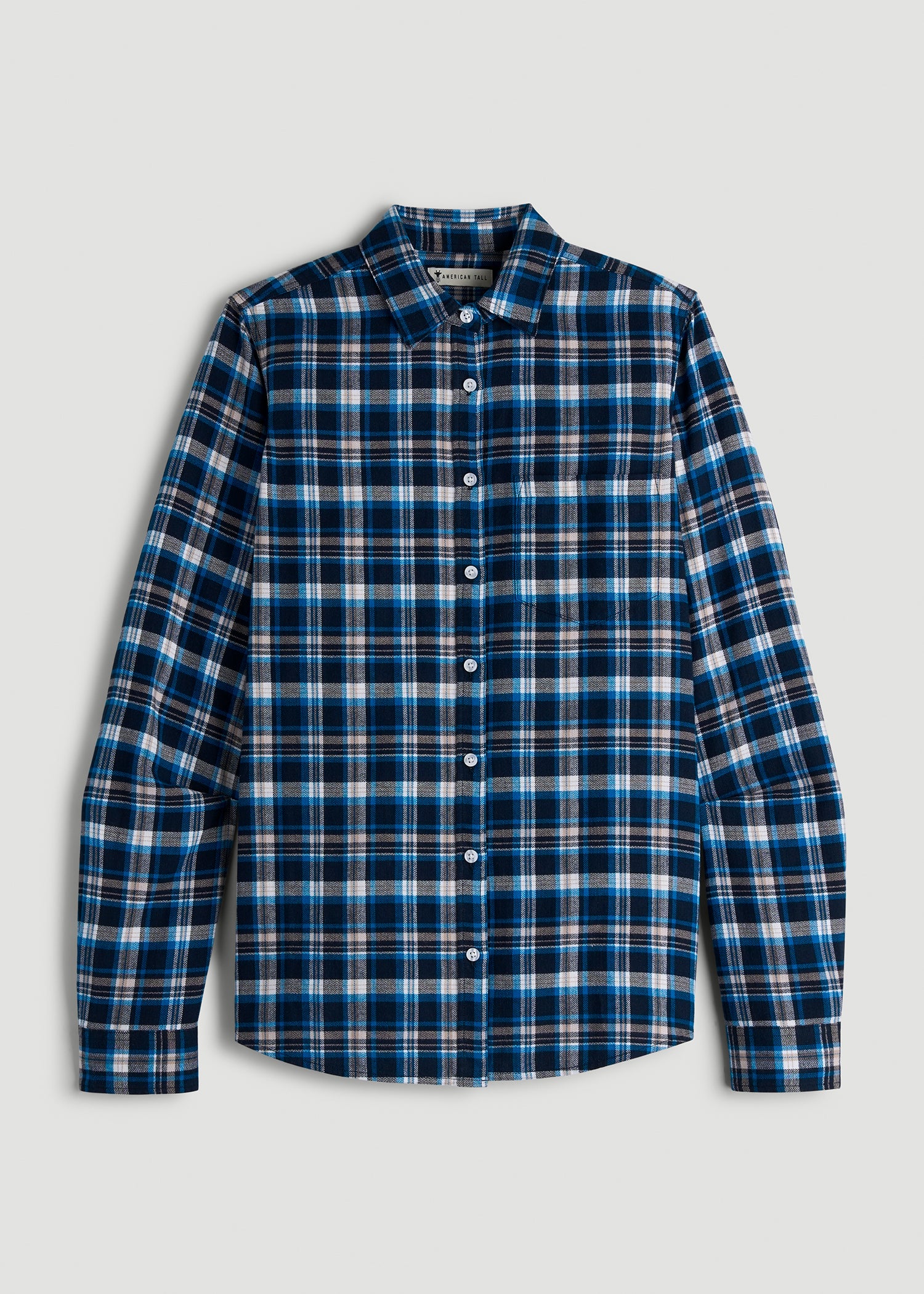 Flannel Button-Up Shirt for Tall Women in True Navy with Cobalt