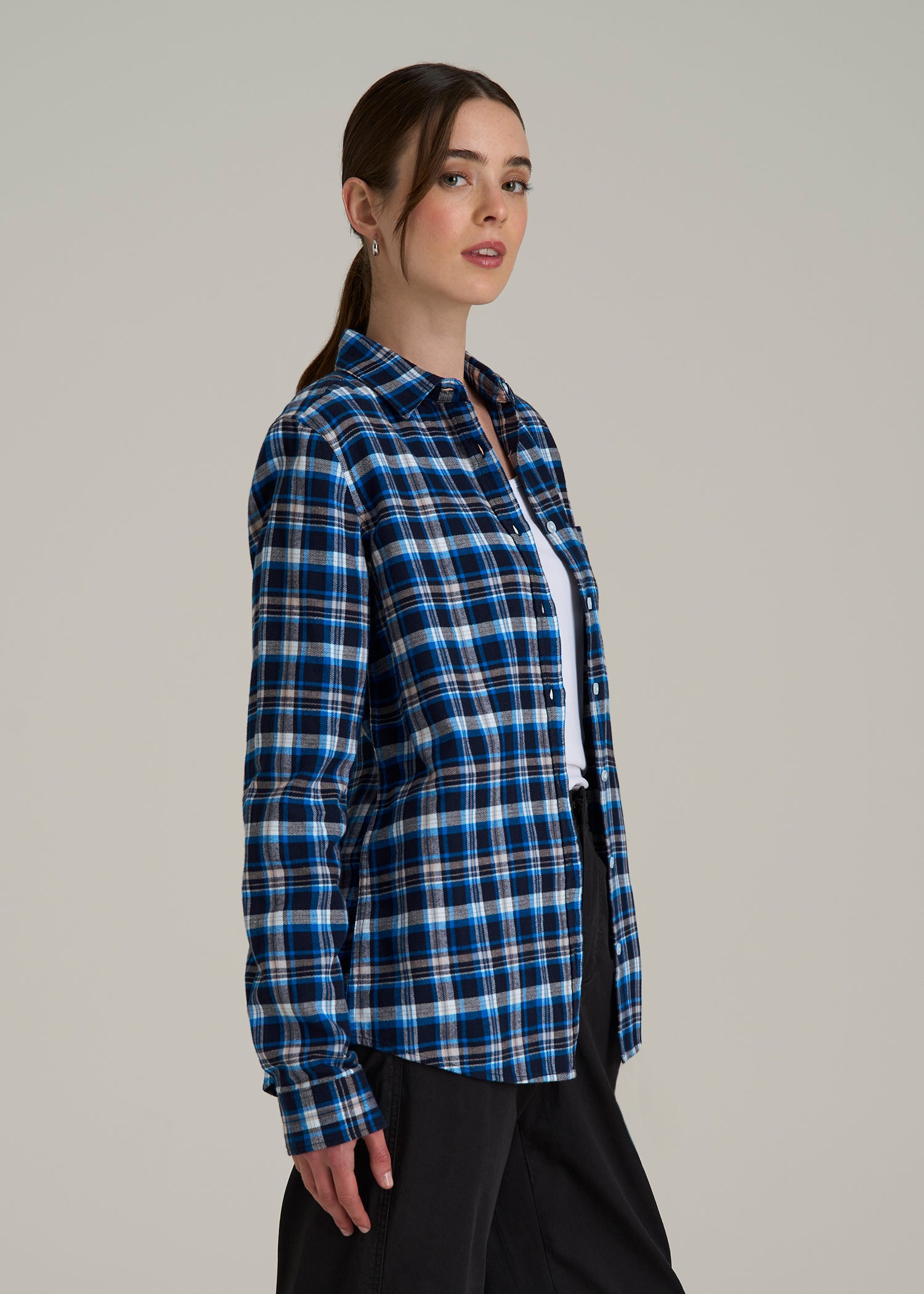 Flannel Button-Up Shirt for Tall Women in True Navy with Cobalt