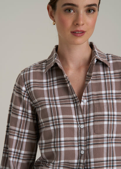 Flannel Button-Up Shirt for Tall Women in Woodsmoke with Black