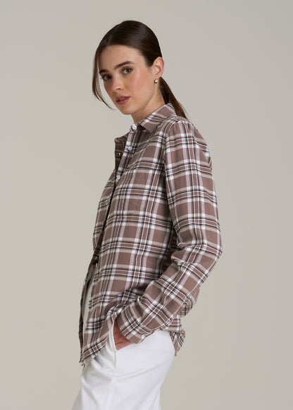 Flannel Button-Up Shirt for Tall Women in Woodsmoke with Black