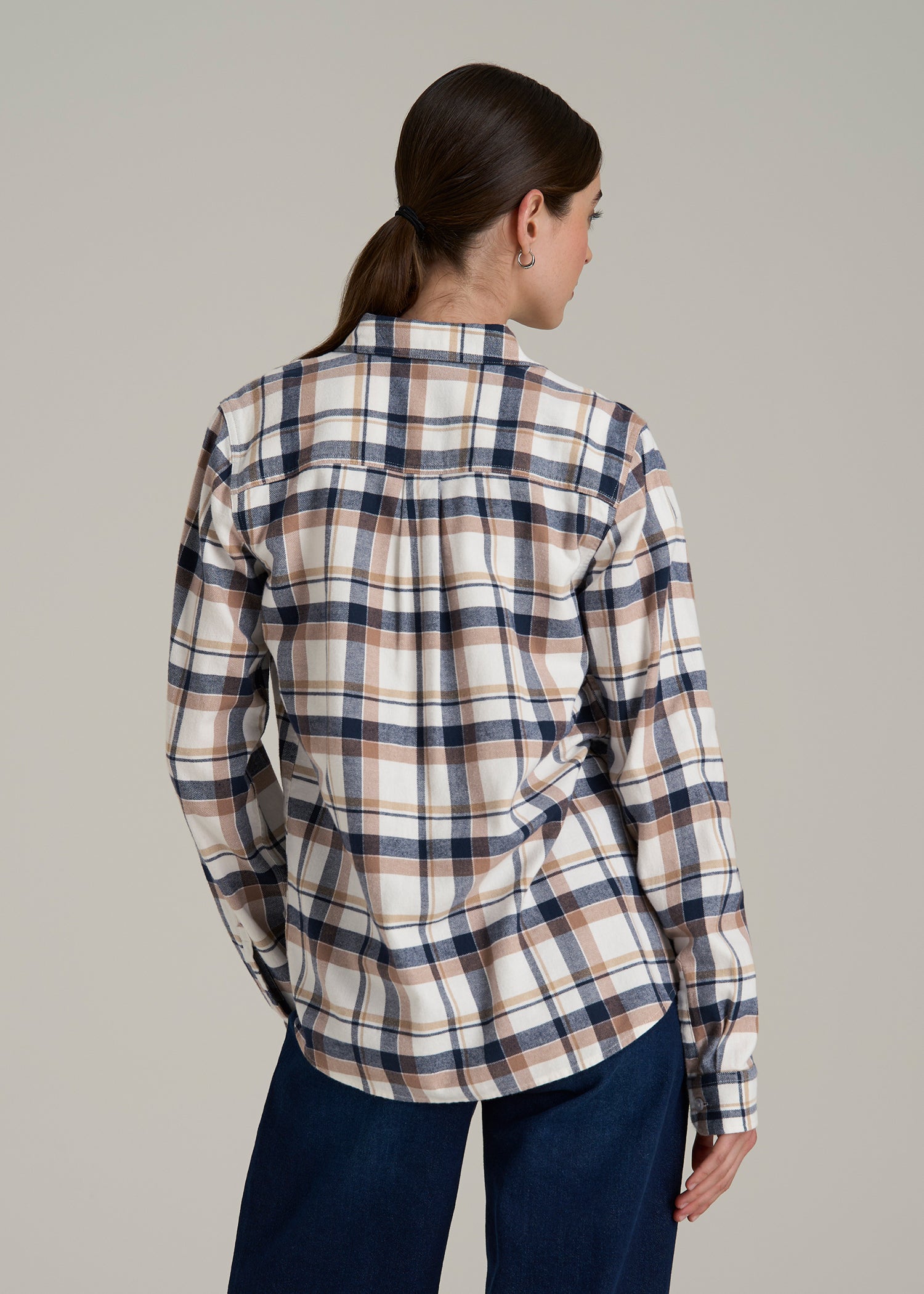 Flannel Button-Up Shirt for Tall Women in Woodsmoke with Navy