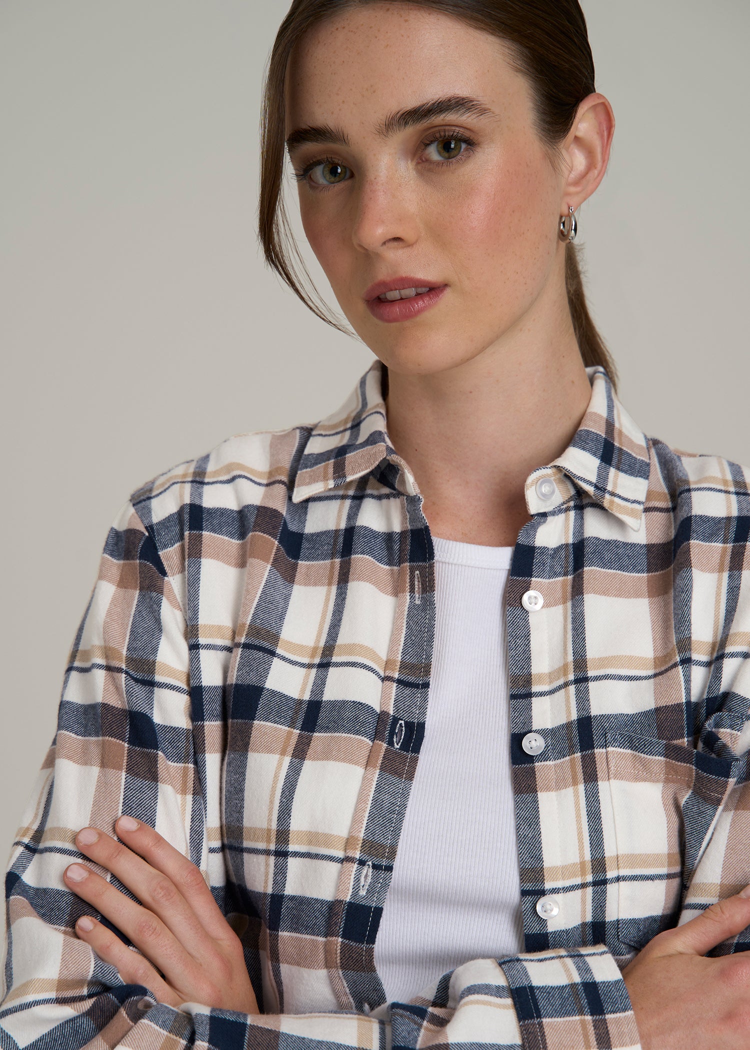 Flannel Button-Up Shirt for Tall Women in Woodsmoke with Navy