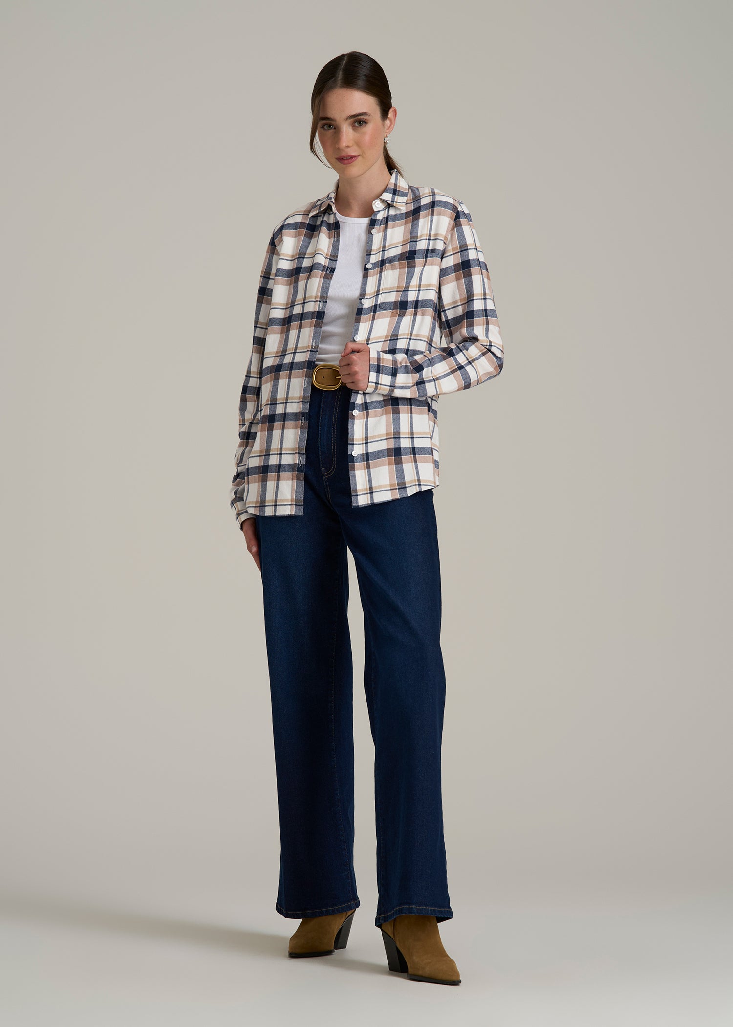Flannel Button-Up Shirt for Tall Women in Woodsmoke with Navy