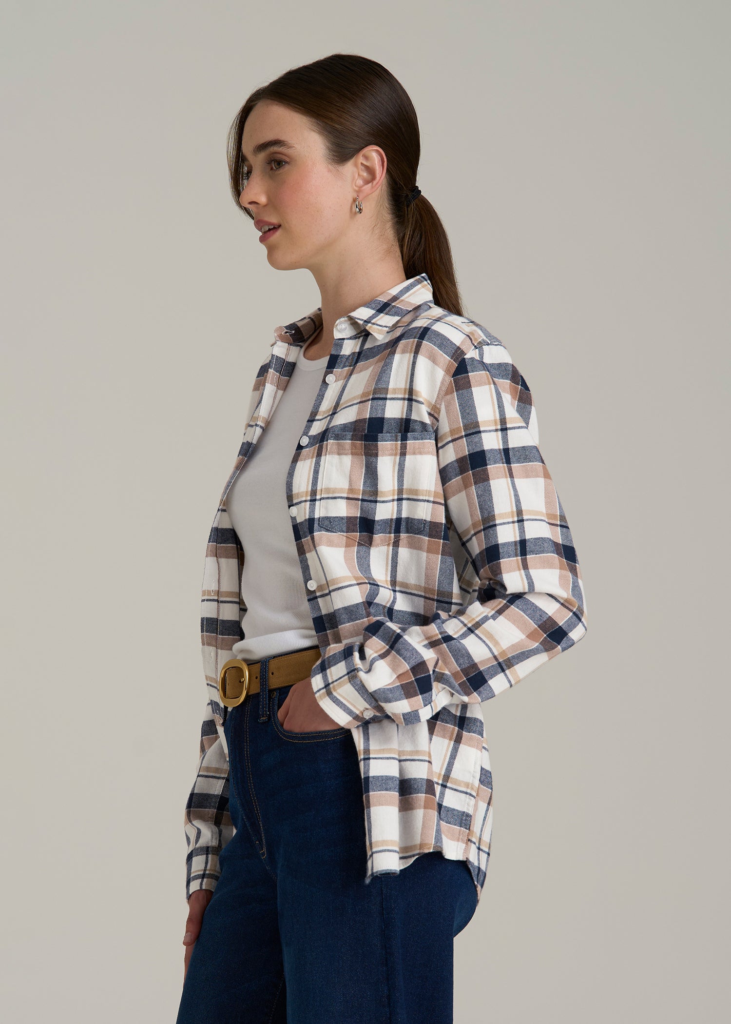 Flannel Button-Up Shirt for Tall Women in Woodsmoke with Navy